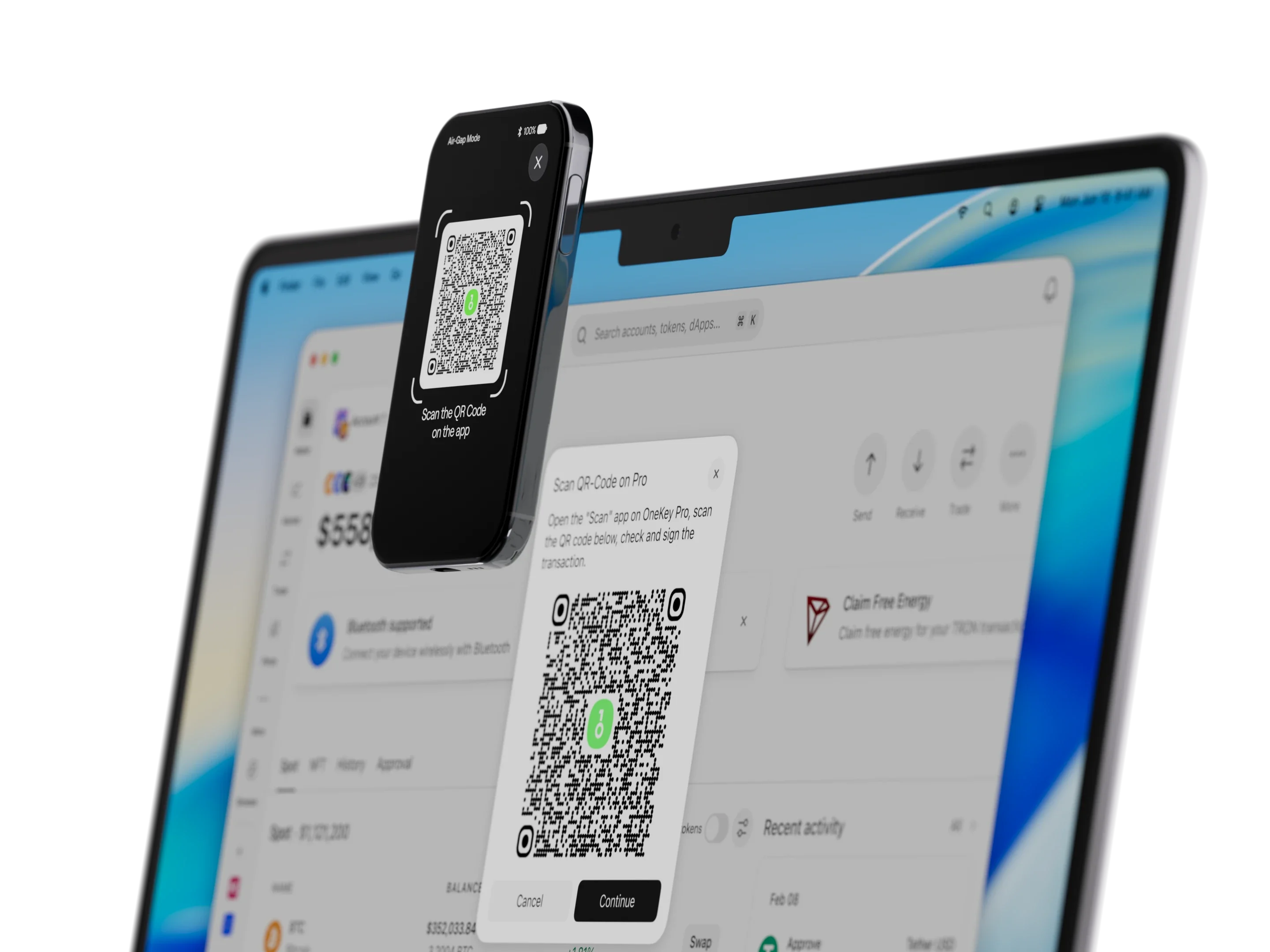 OneKey Pro 2 scanning a QR code shown in the OneKey App on a laptop