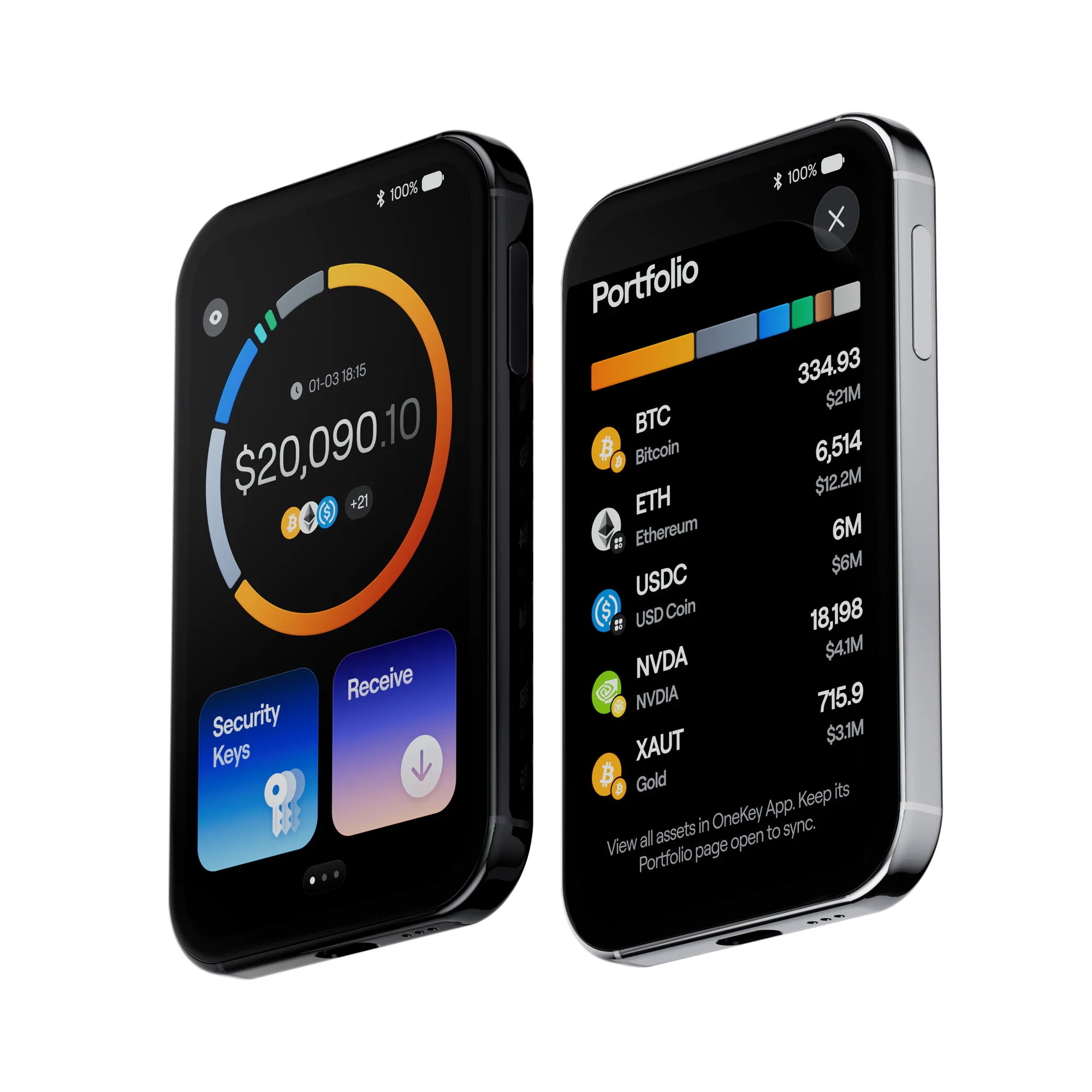 OneKey Pro 2 screens showing the wallet home and a portfolio of BTC, ETH, USDC and more