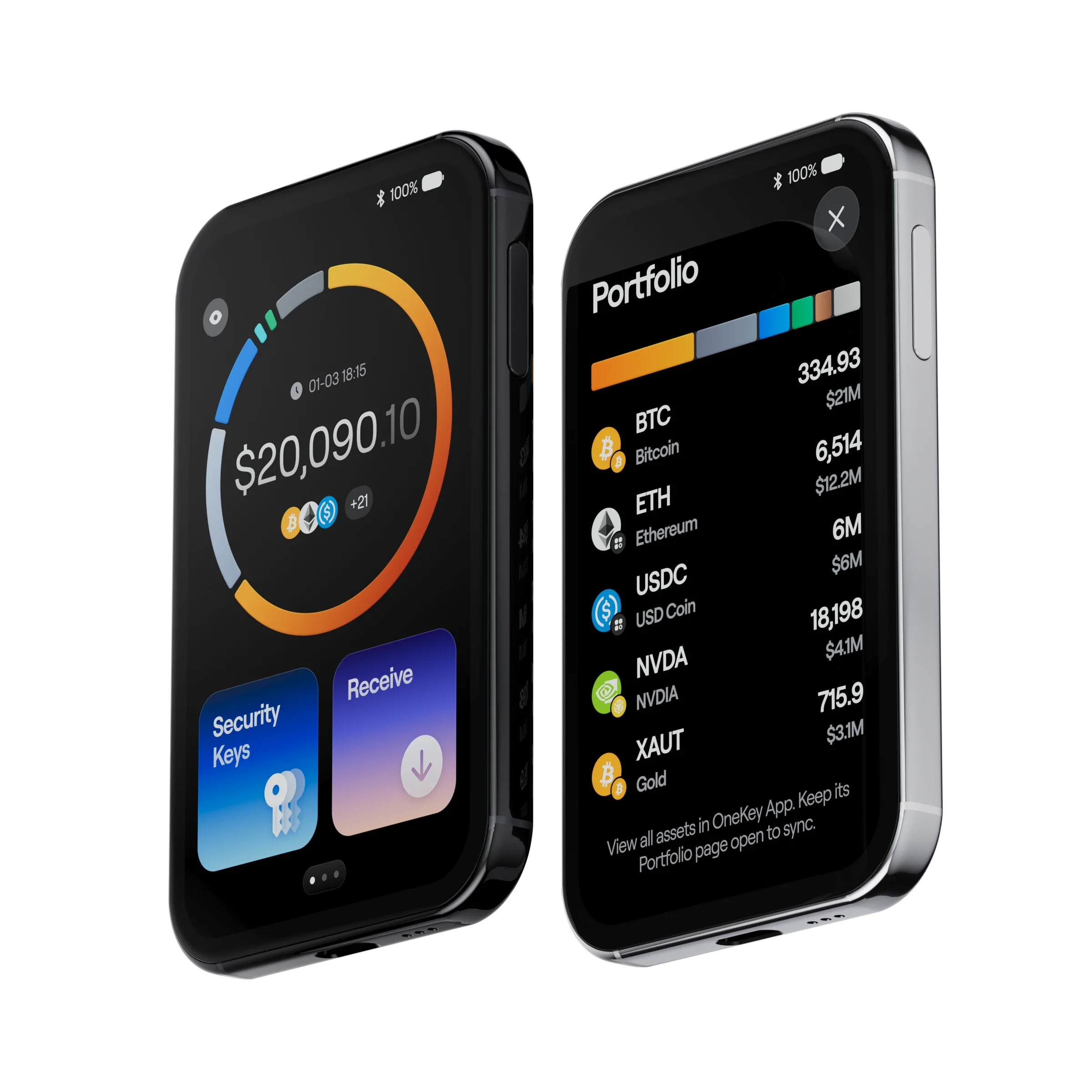 OneKey Pro 2 devices showing safeOS 2 portfolio and asset screens