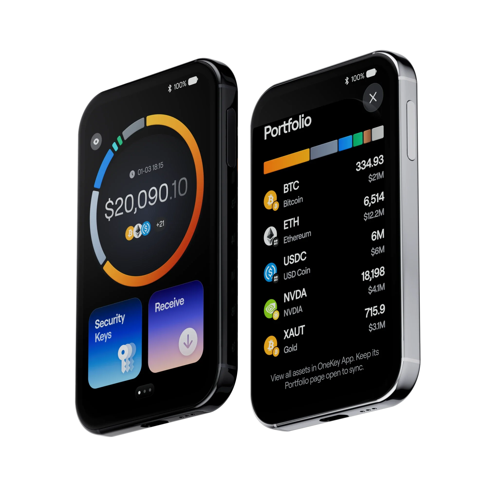 OneKey Pro 2 screens showing the wallet home and a portfolio of BTC, ETH, USDC and more