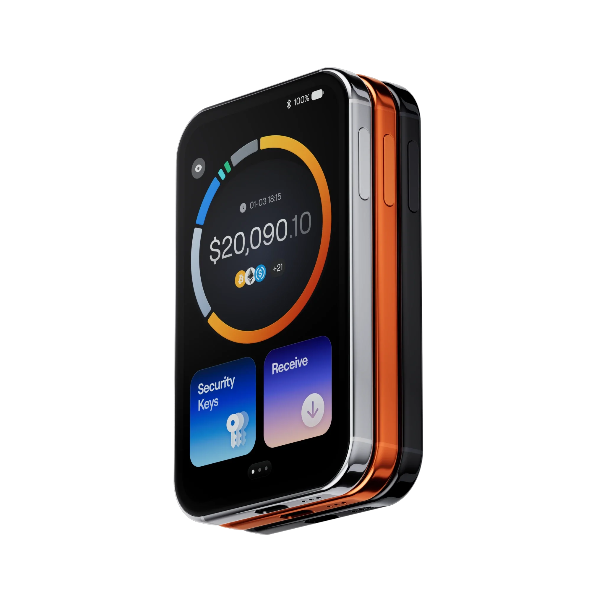 Three stacked OneKey Pro 2 devices showing the wallet home screen