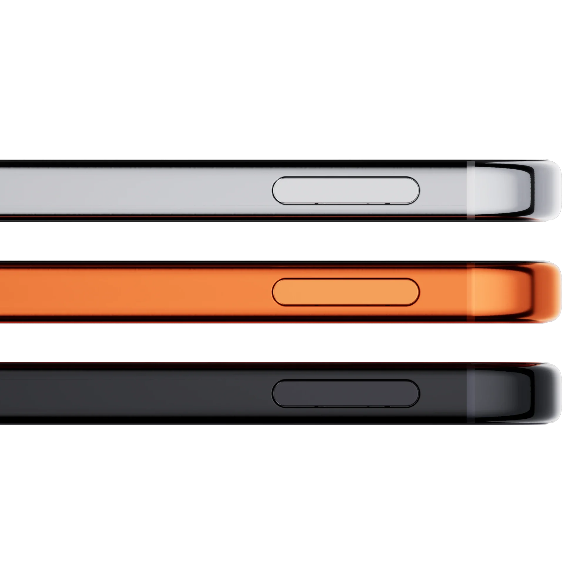 Side profiles of OneKey Pro 2 in silver, orange and black, showing the side button