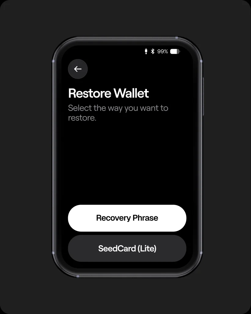 OneKey Pro 2 Restore Wallet screen with recovery phrase and SeedCard options