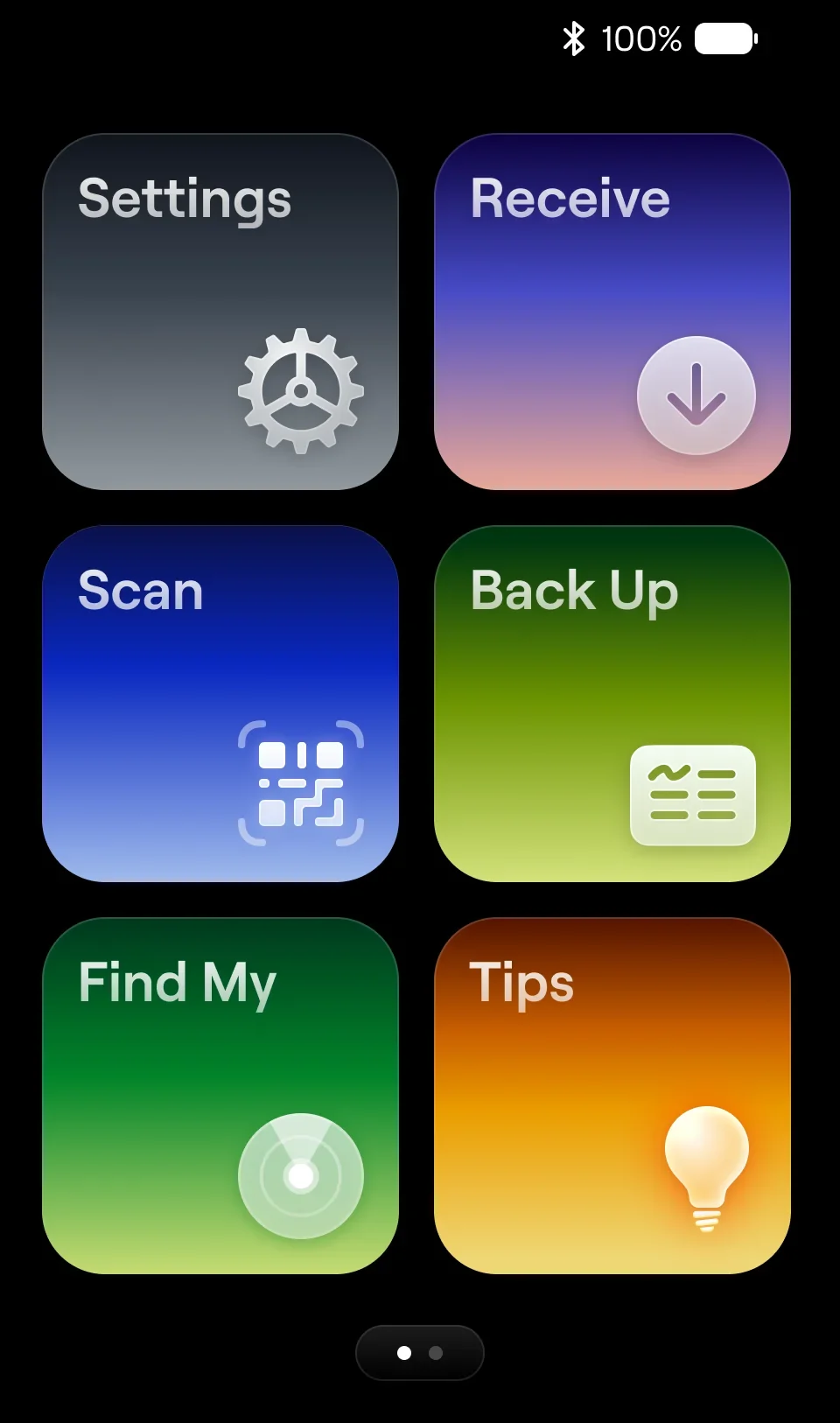 safeOS 2 home screen with Settings, Receive, Scan, Back Up, Find My and Tips