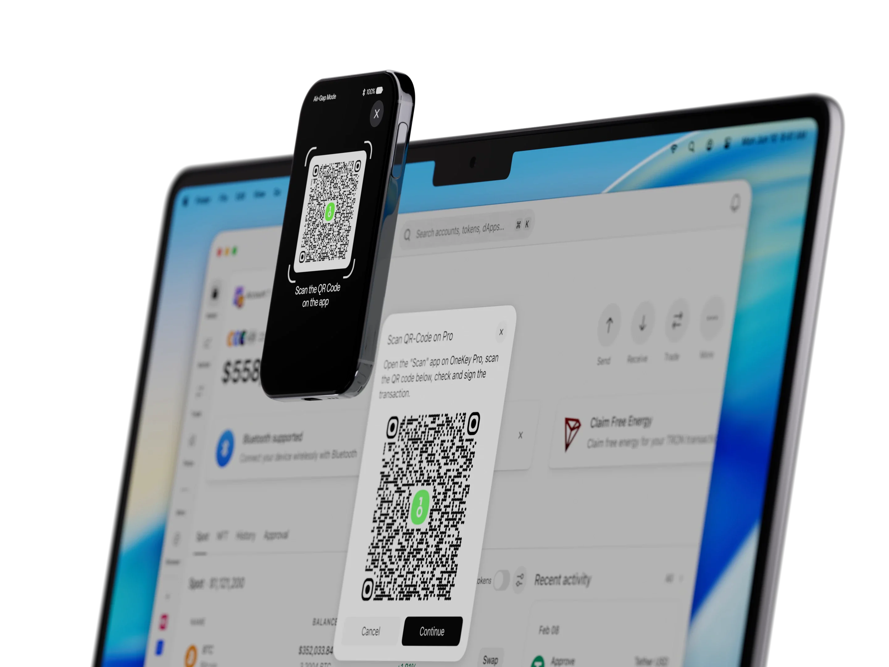 OneKey Pro 2 scanning a QR code shown in the OneKey App on a laptop
