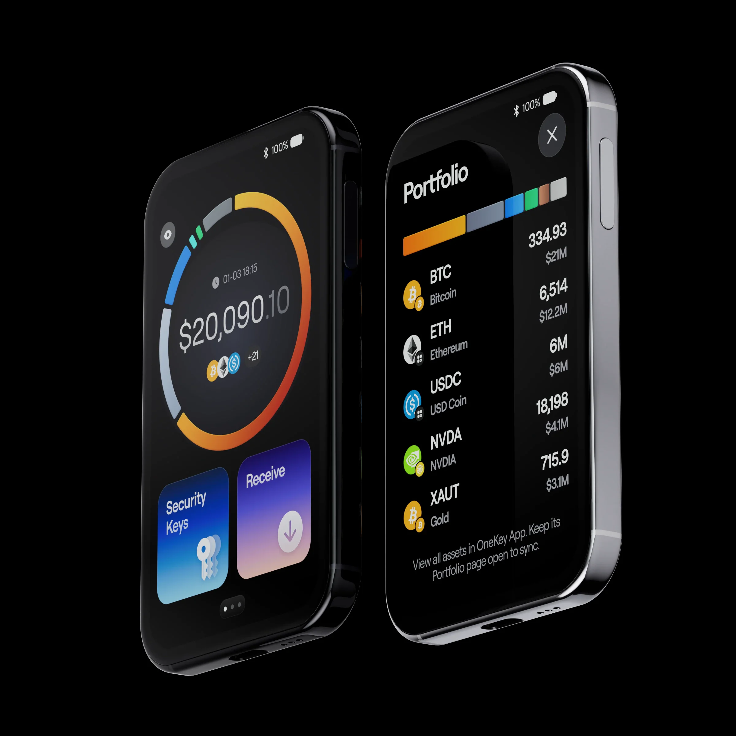 OneKey Pro 2 devices showing safeOS 2 portfolio and asset screens